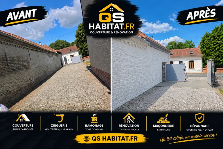 Avant et après : mur en brique gris et encrassé, puis repeint en blanc par QS Habitat