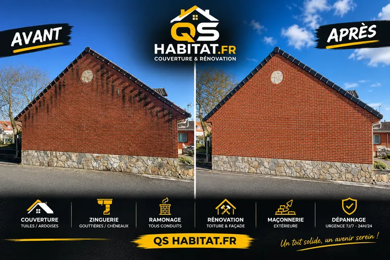 Avant et après : pignon en brique avec coulures noires, puis nettoyé par QS Habitat